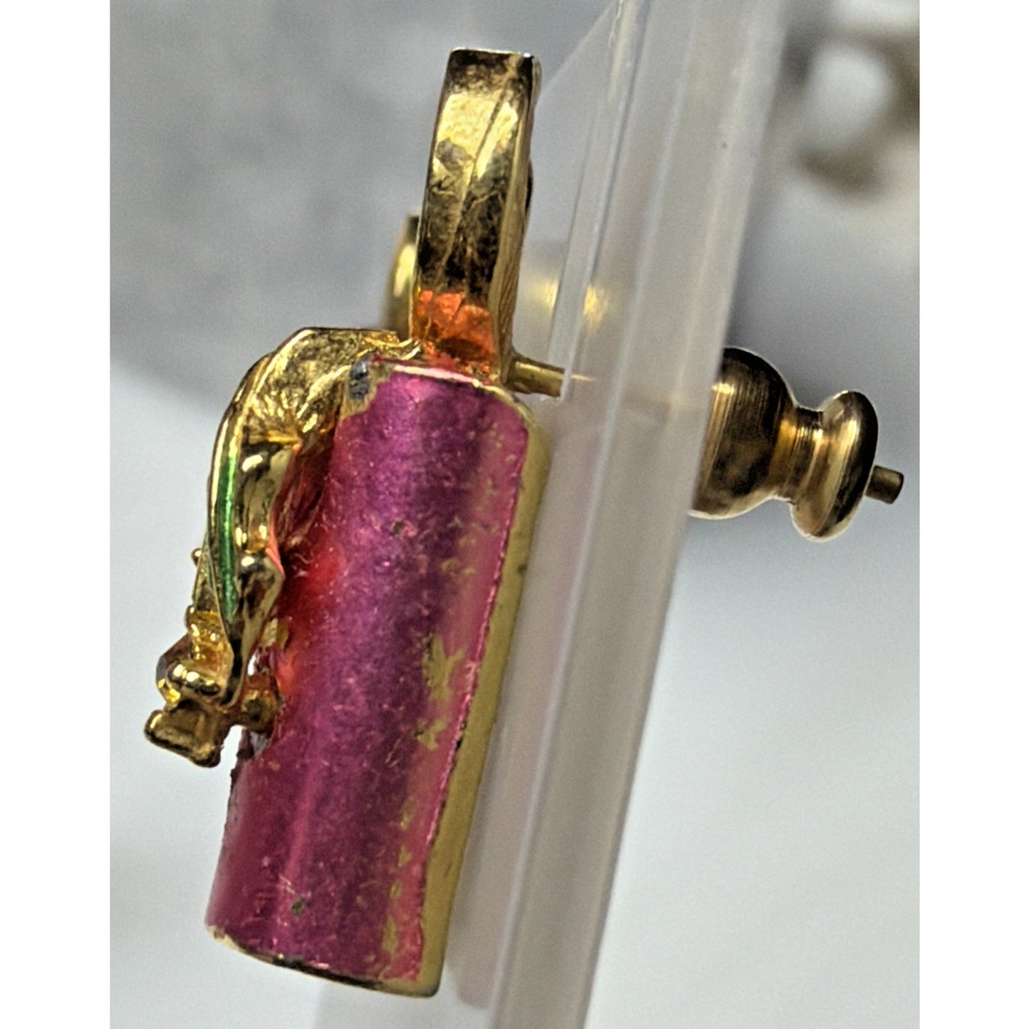 Vintage Enamel Rhinestone Candlestick Candle Earrings Pink Gold Tone