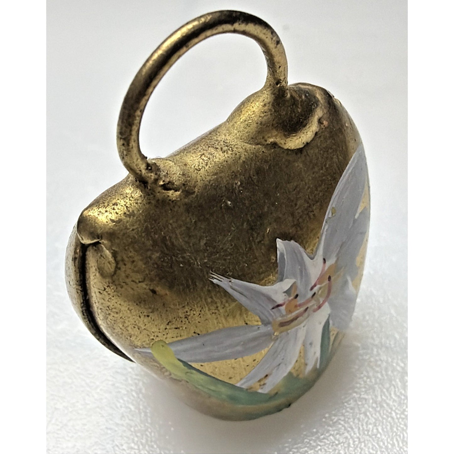 Vtg Gold Metal Brass Cow Bell Hand Painted Flower Floral Signed Liechtenstein