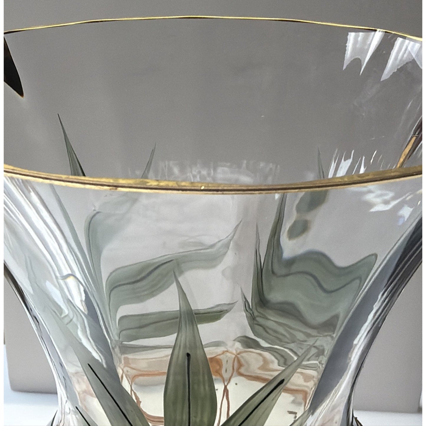 Romanian Crystal Pineapple Vase Gold Trim Green Palm Large Orange Crystal Clear