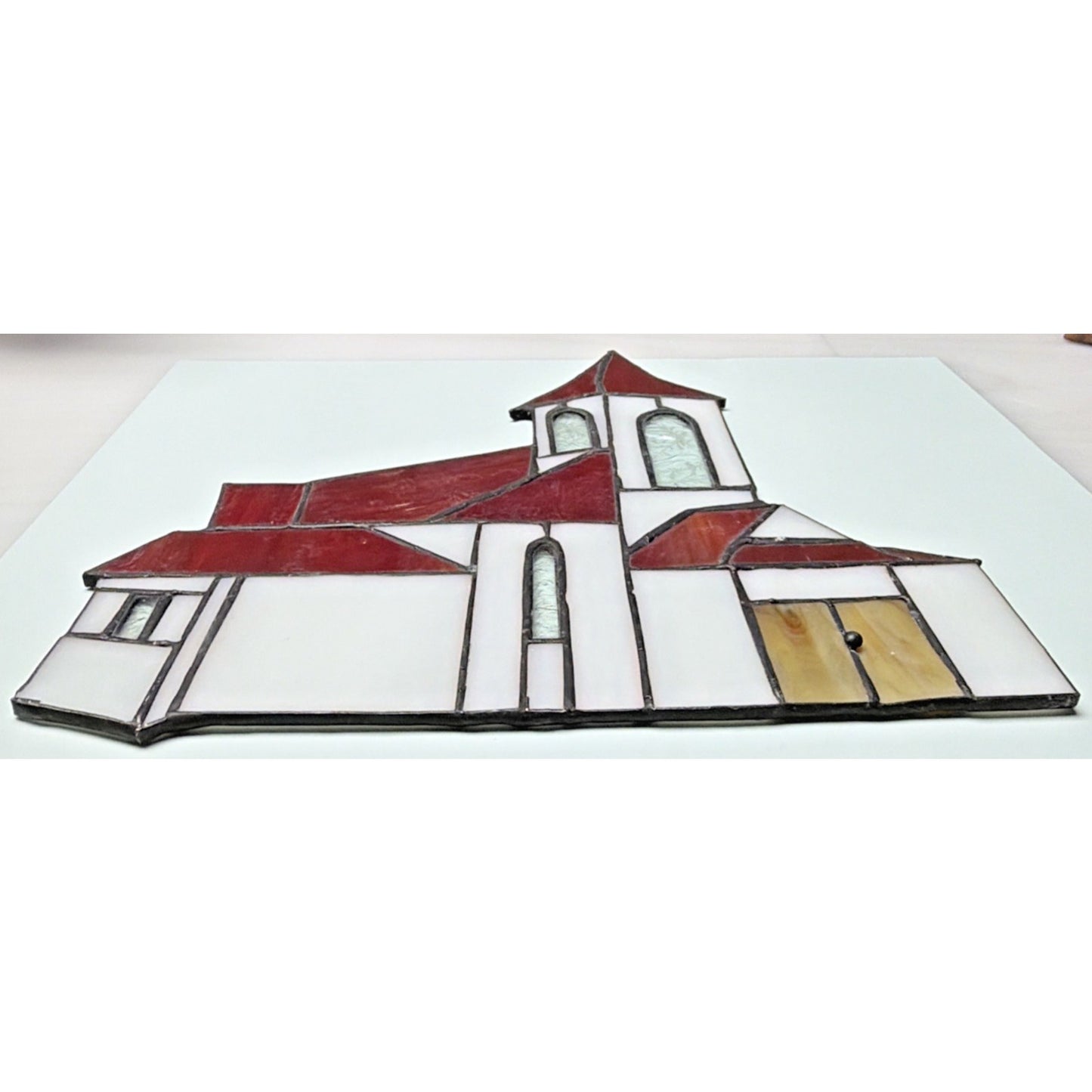 Vintage Stained Glass Church Suncatcher Red Slag Crackle Amber