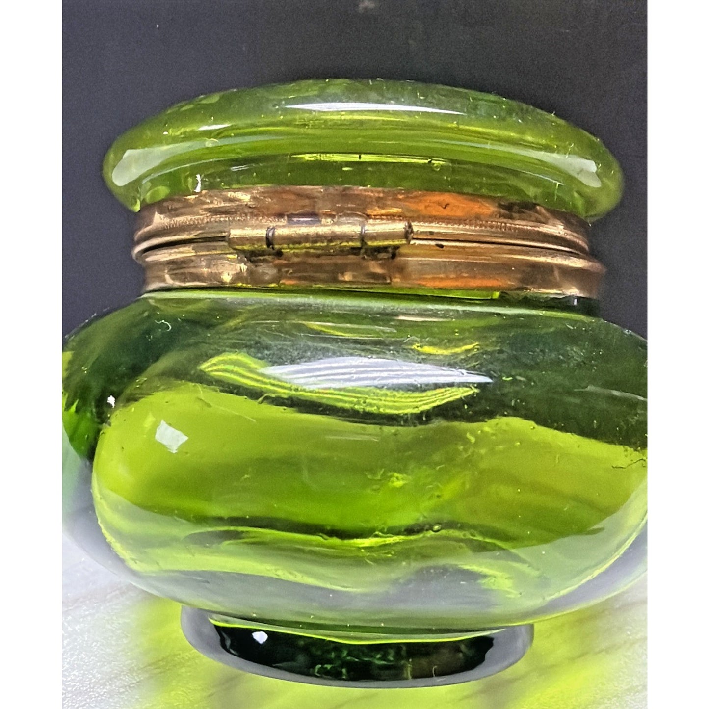 Antique Moser Bohemian Blown Glass Hand Painted Enamel Green Hinged Trinket Box