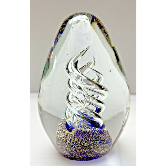 Vtg Large Art Glass Egg Paperweight Spiral Ribbon Cobalt Blue Aventurine Gold