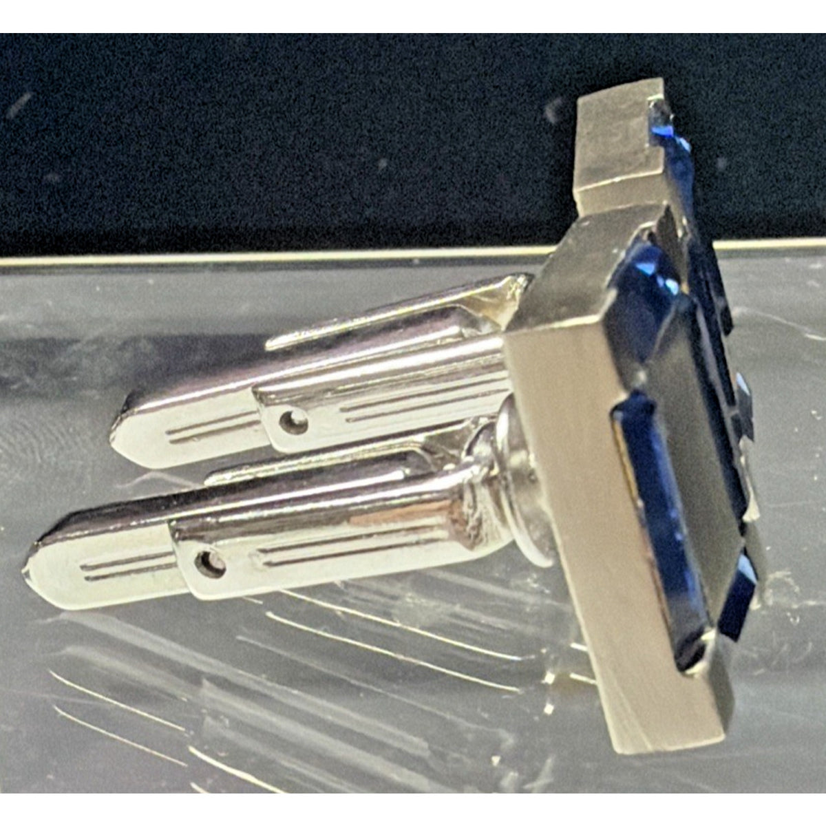 Vintage Hickok Blue Baguette Glass Cufflinks Silver Tone Geometric Modernist Box