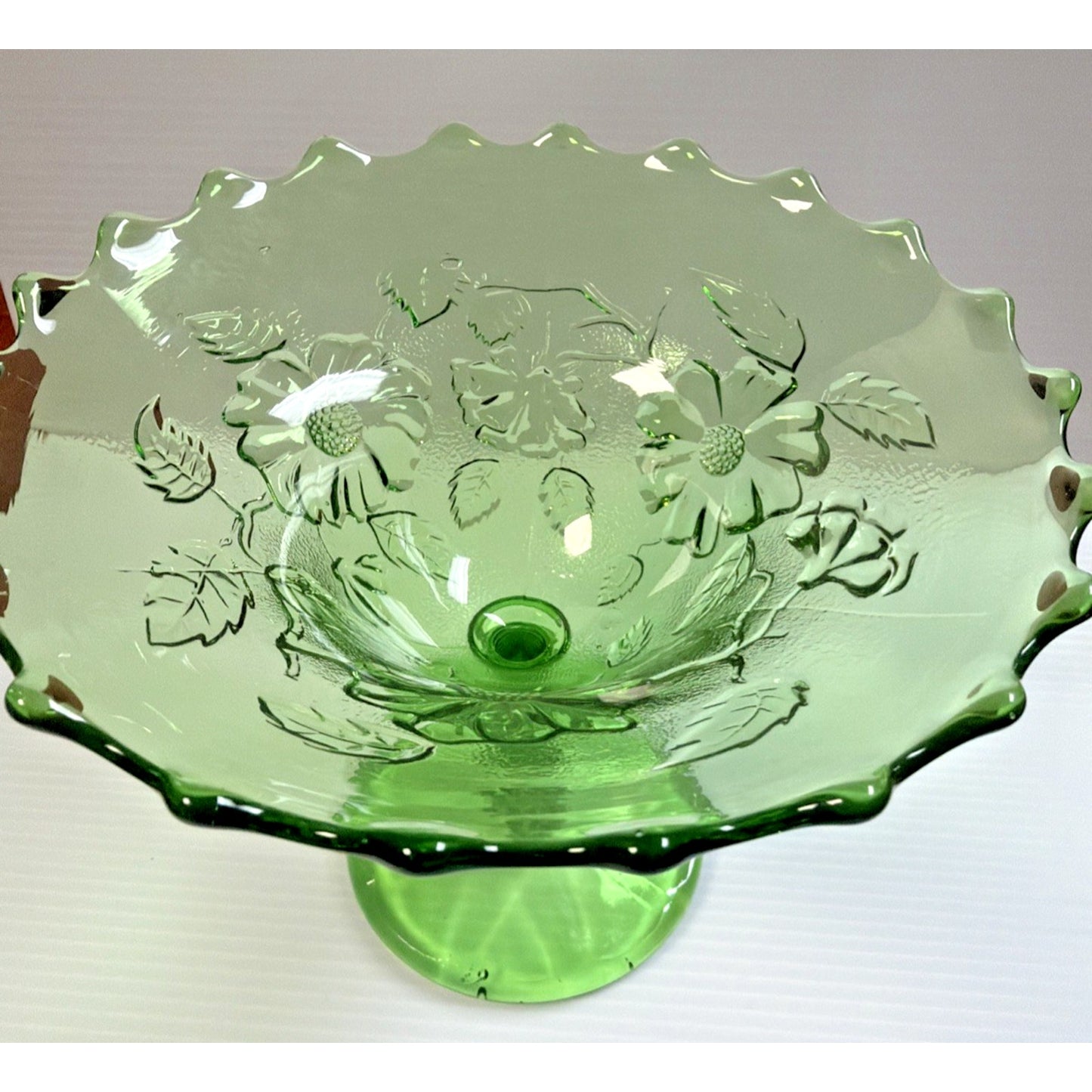 Old Northwood Glass Wild Flower Green Footed Compote Candy Dish