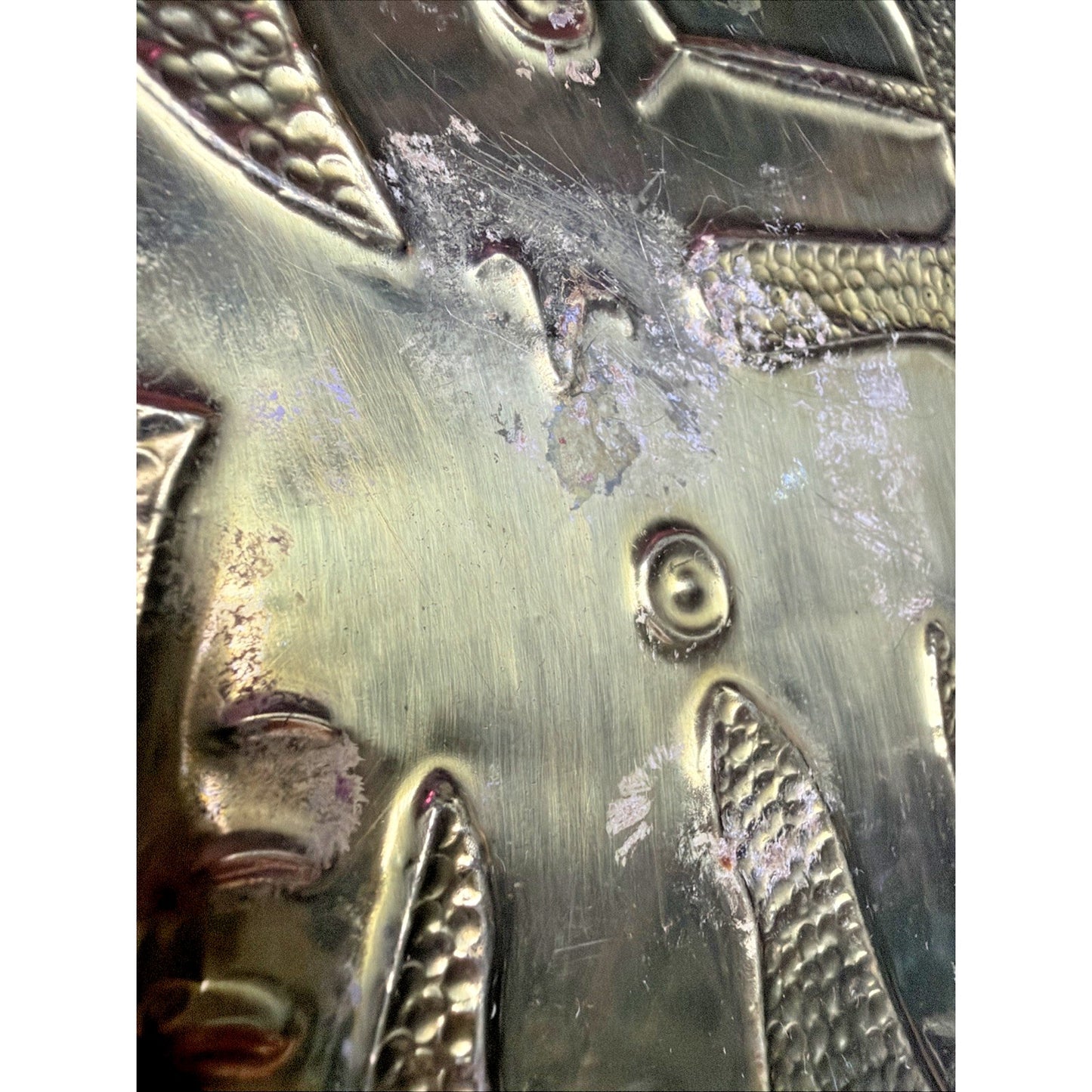 Mayan Aztec Peruvian Brass Gold Metal Enamel Engraved Hammered Wall Plate As Is