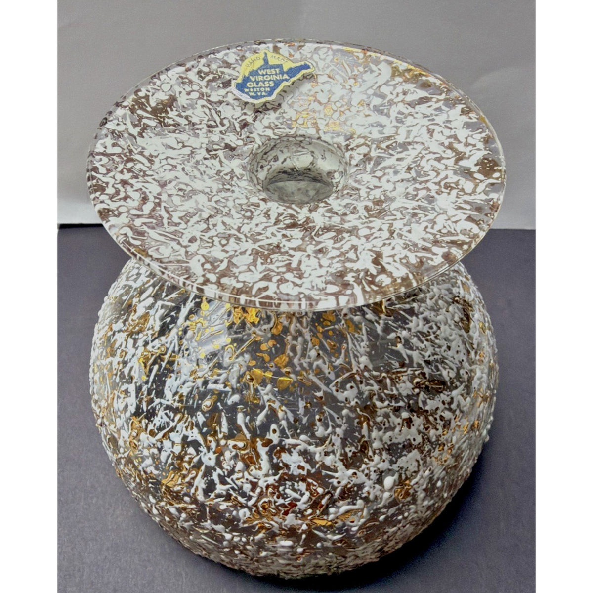 MCM West Virginia Glass Lidded Pedestal Candy Dish Golden Brocade Splatter