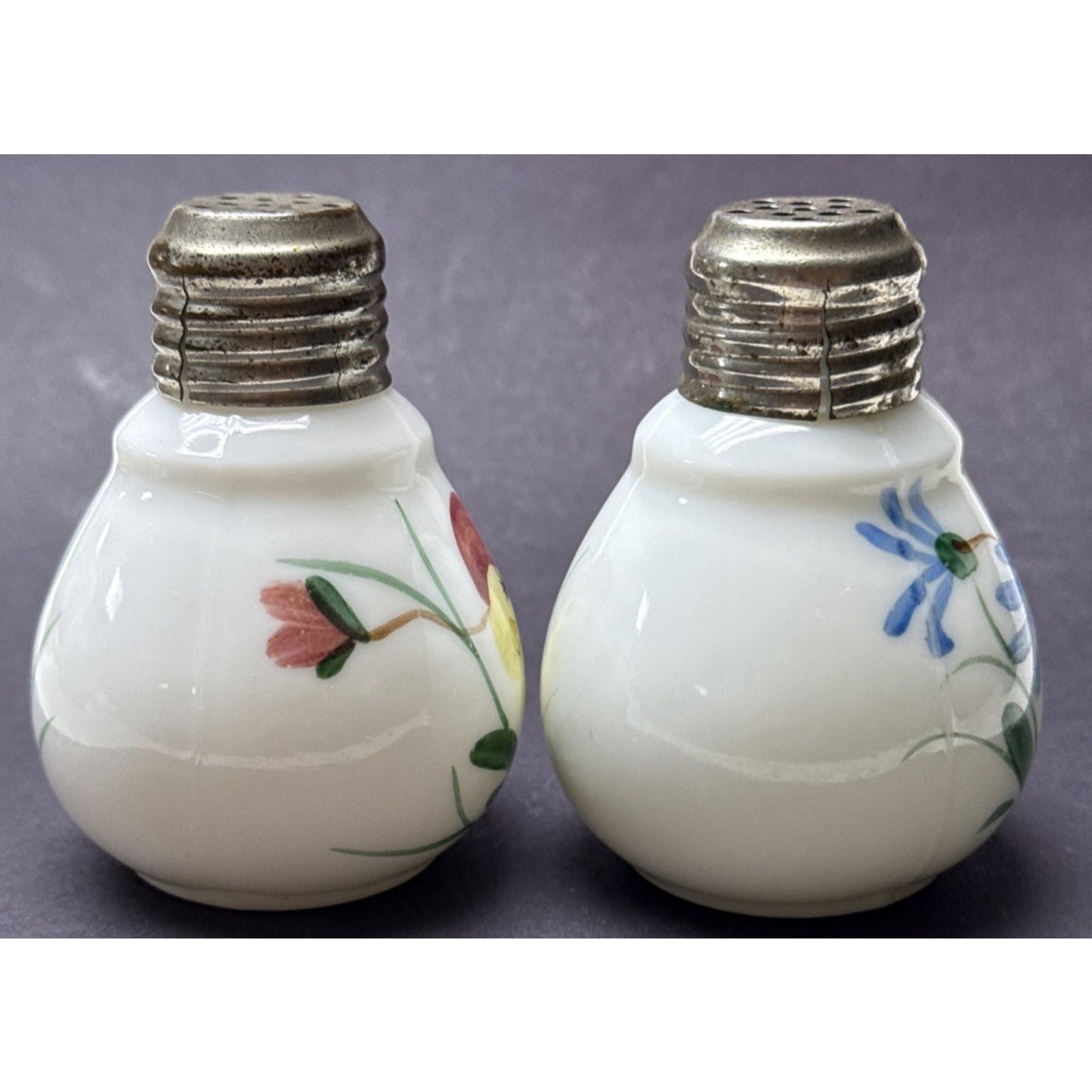 EAPG Buckeye Glass 960 Ring Neck Bulbous Shakers Hand Painted Chubby Blossom