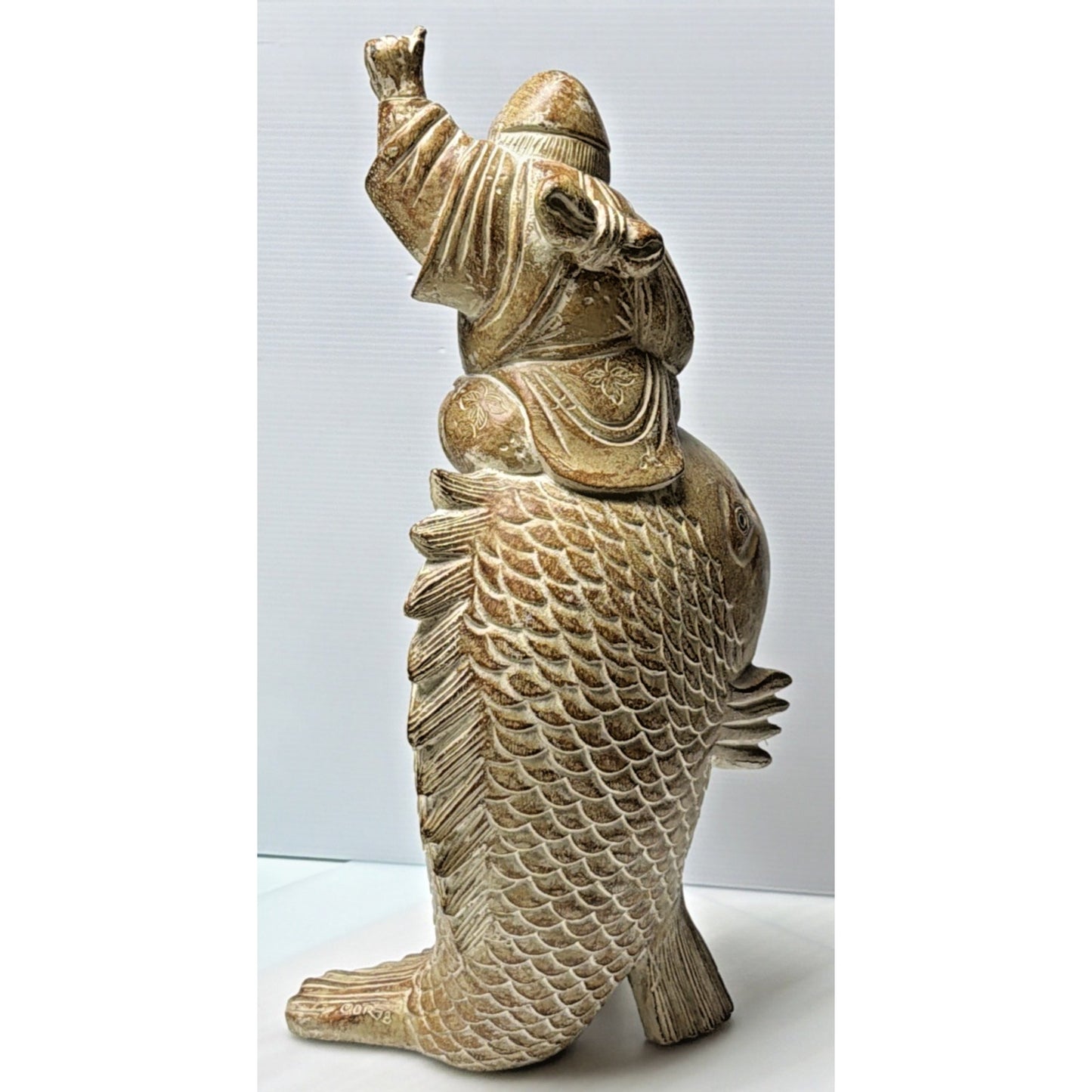 Vtg Designer Repros LA Carved Koi Fish Buddha Fishing Happy Asian Inspired As Is