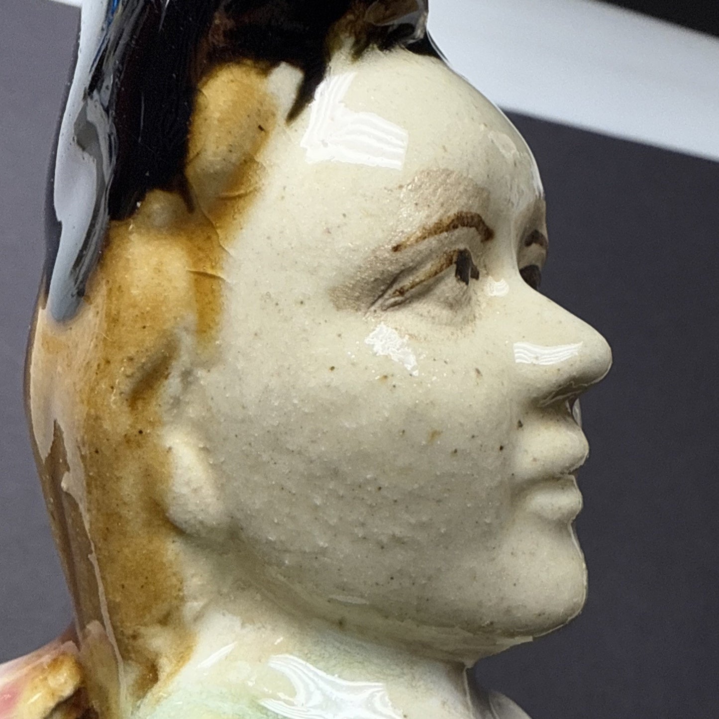 Vintage Majolica Pottery Glazed Crackle Man Holding Basket Sitting Signed As Is