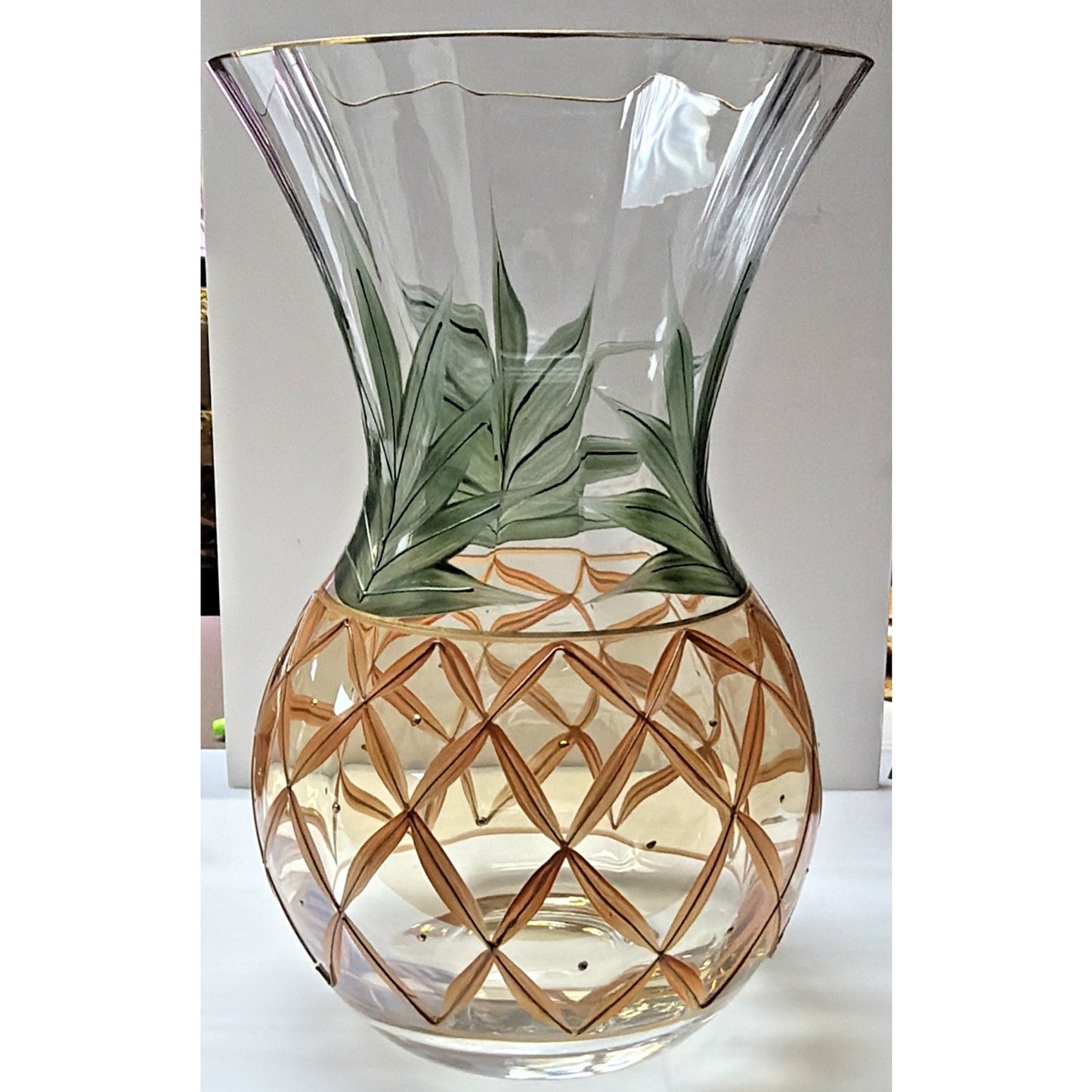 Romanian Crystal Pineapple Vase Gold Trim Green Palm Large Orange Crystal Clear