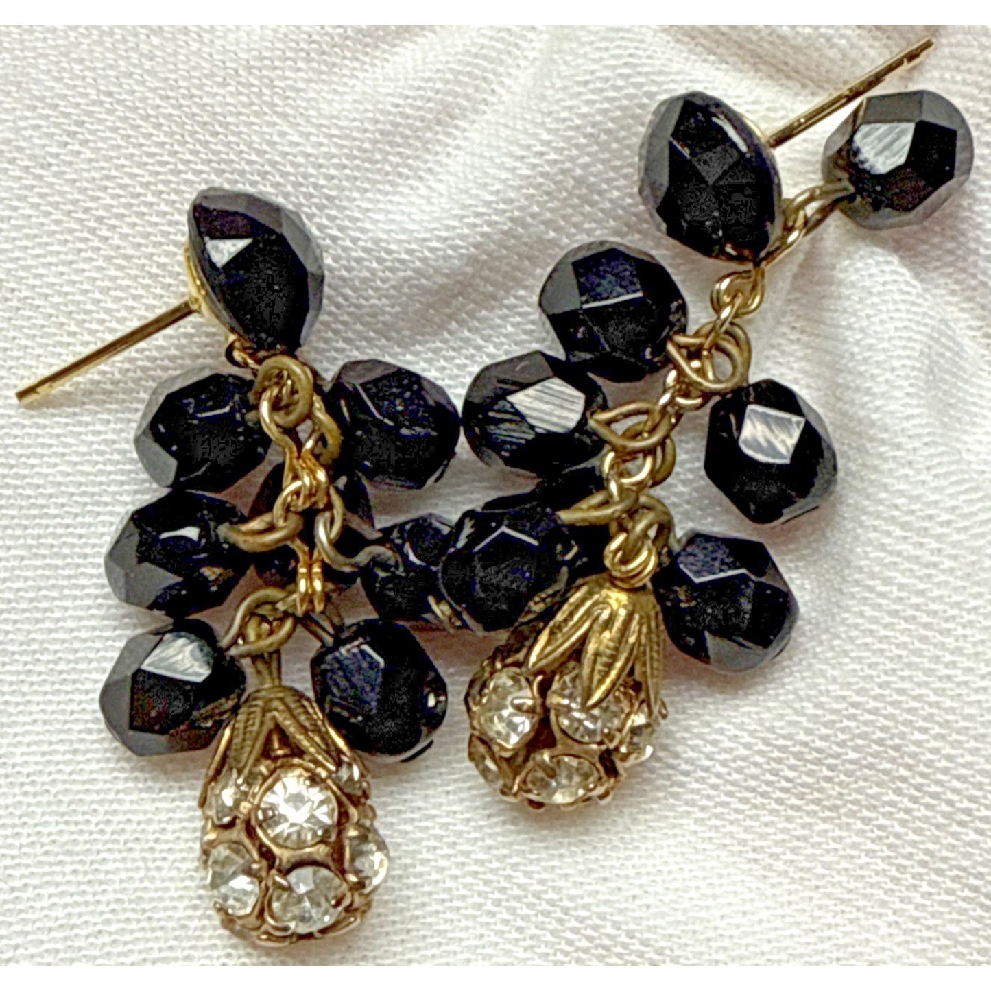 Vtg Black Faceted Glass Cluster Dangle Drop Earrings Disco Ball Rhinestone As-Is