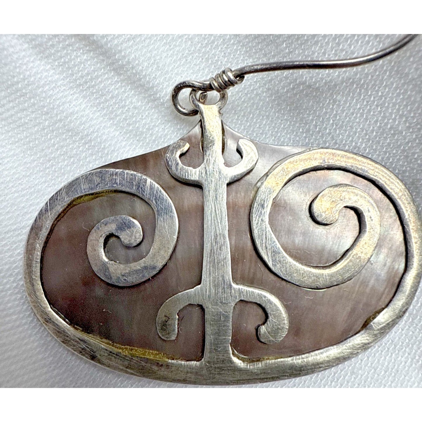 Vintage Sterling Silver Overlay Shell Nacre Earrings Large Ornate Filigree