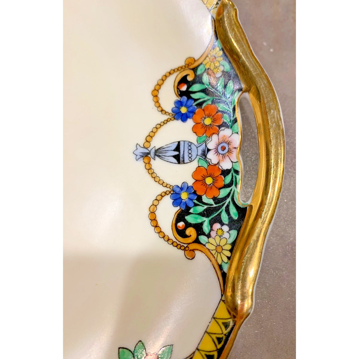 Art Deco Noritake Morimura Japan Hand Painted Serving Plate Handles Black Floral