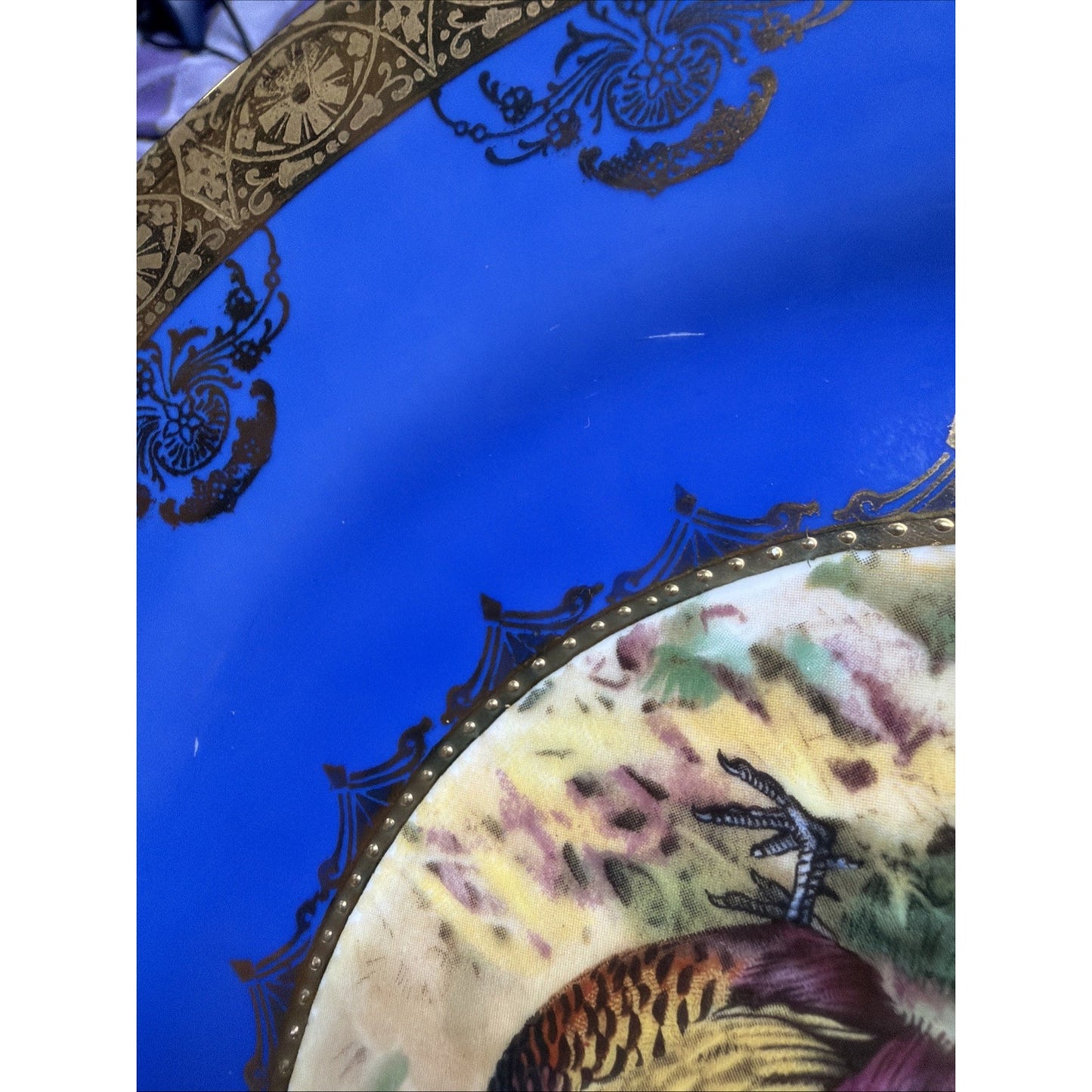 Vintage STW Bavaria Game Plate Cobalt Blue Pheasants Gold Gilt Trim Ornate