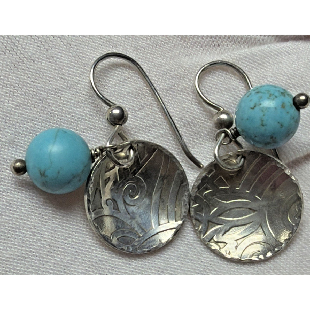 Margaret Lindquist ZAX 925 Sterling Dangle Stamped Disc Earrings Turquoise Beads