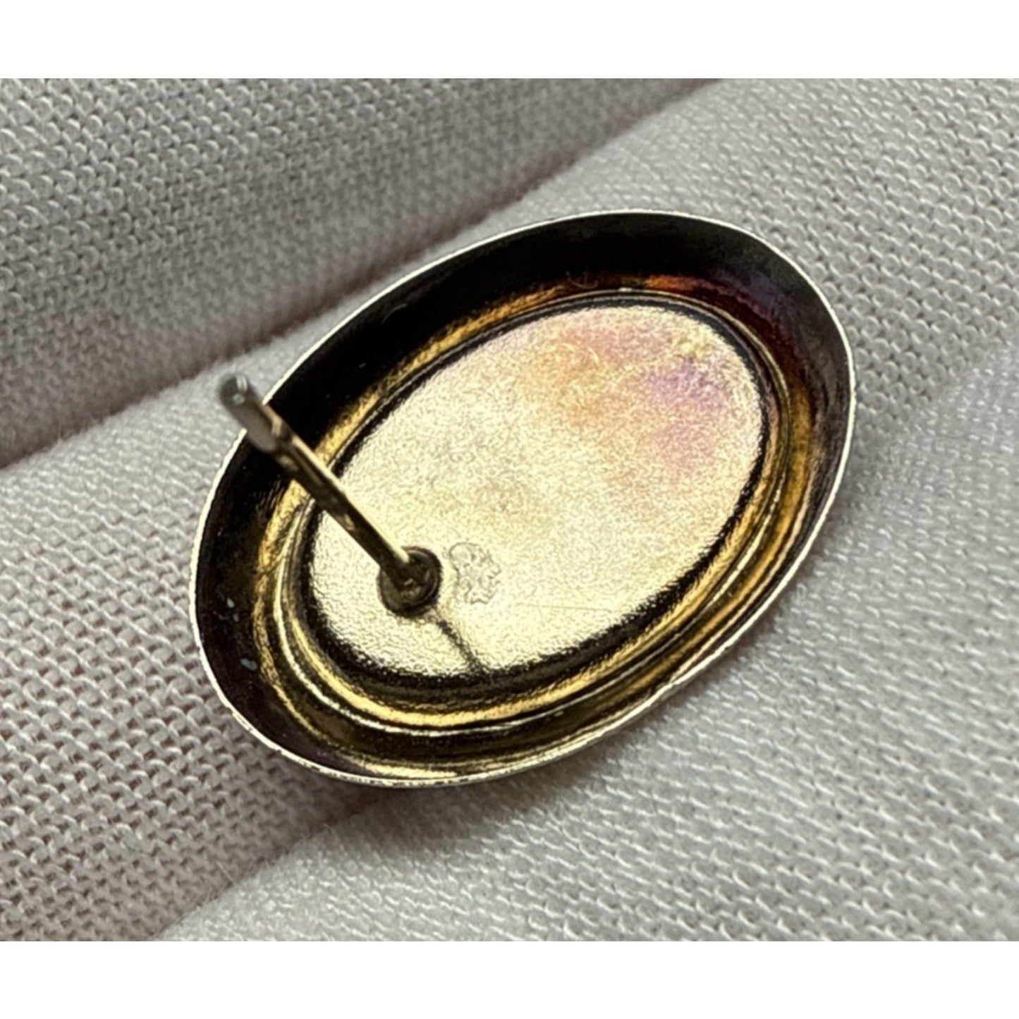 Vintage Gold Tone Metal Hematite Cabochon Earrings Oval Post Stud Large As-Is