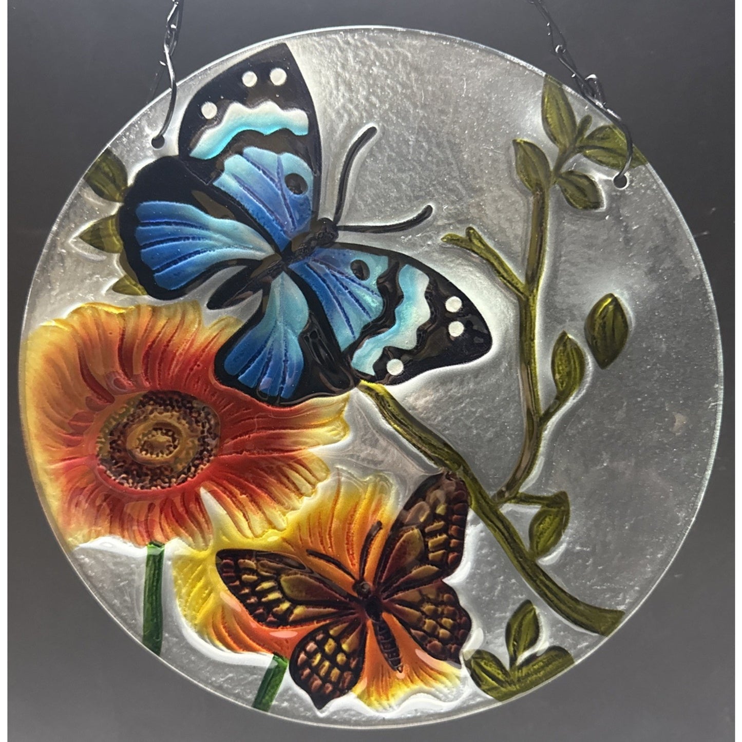Stained Glass Painted Butterfly Sunflower Suncatcher Rimless Hanging Glass