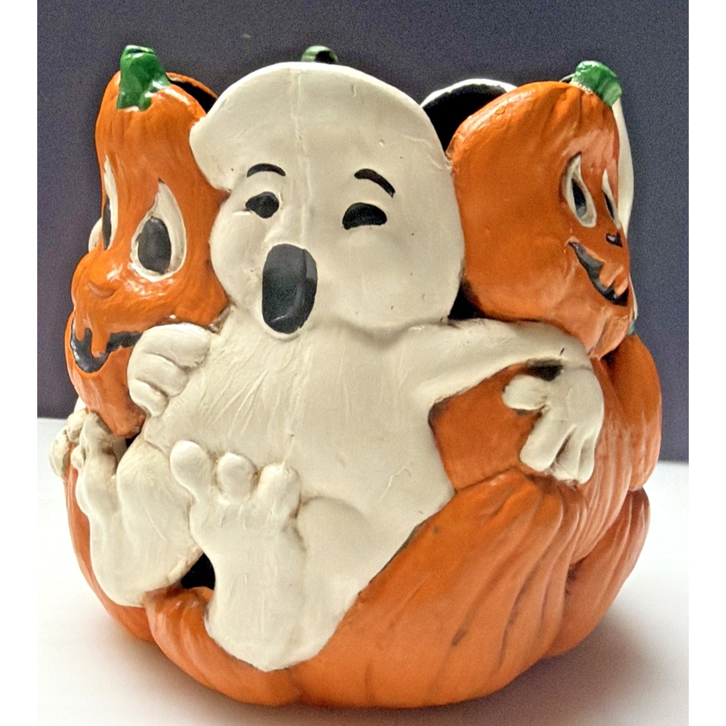 Vintage Holland Mold Halloween Ceramic Candle Holder Ghost Pumpkin Hand Painted