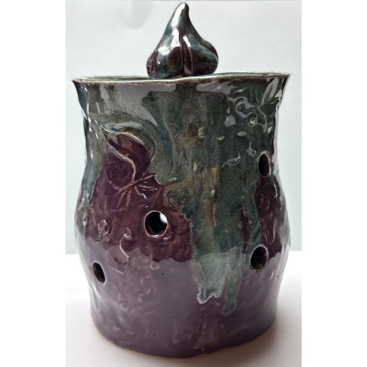 Studio Art Pottery Garlic Keeper Jar Canister Figural Lid Drip Glaze Signed