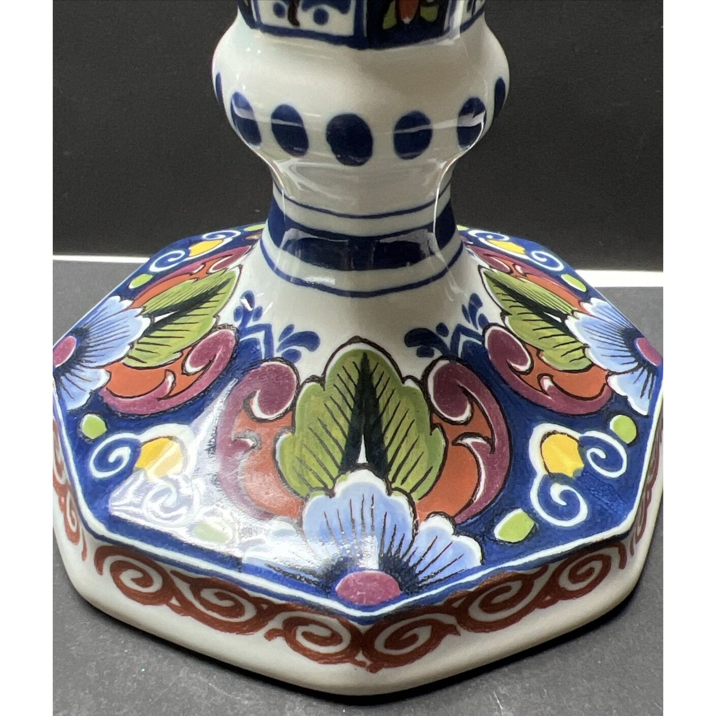 Vtg Oud Delft Holland 834/1 Candle Stick Holder Polychrome Floral Hand Painted