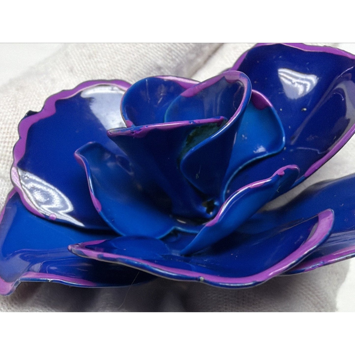 Vintage Blue Metal Purple Enamel Flower Bloom Pin Brooch Large
