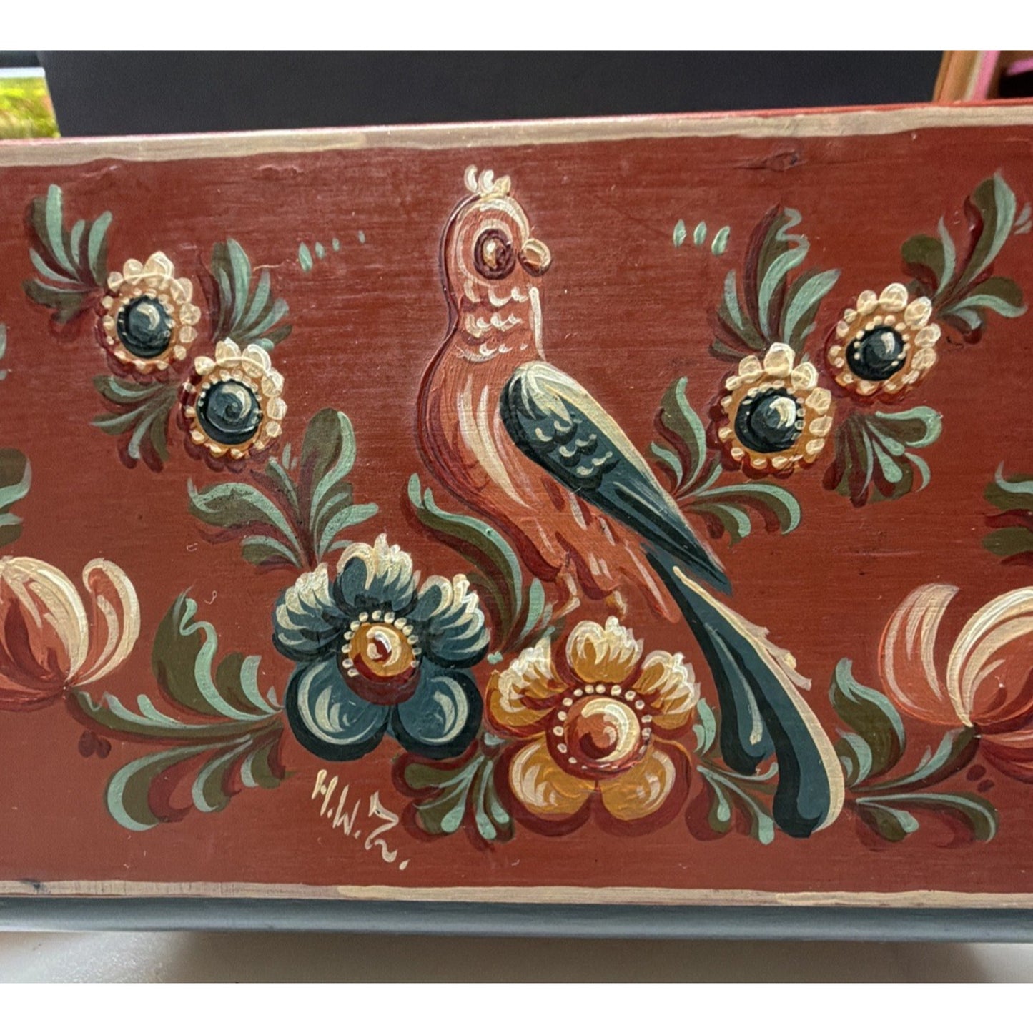 Folk Art Hindeloopen Wood Hand Painted Box Signed HW Zeed Bird Floral Hinged
