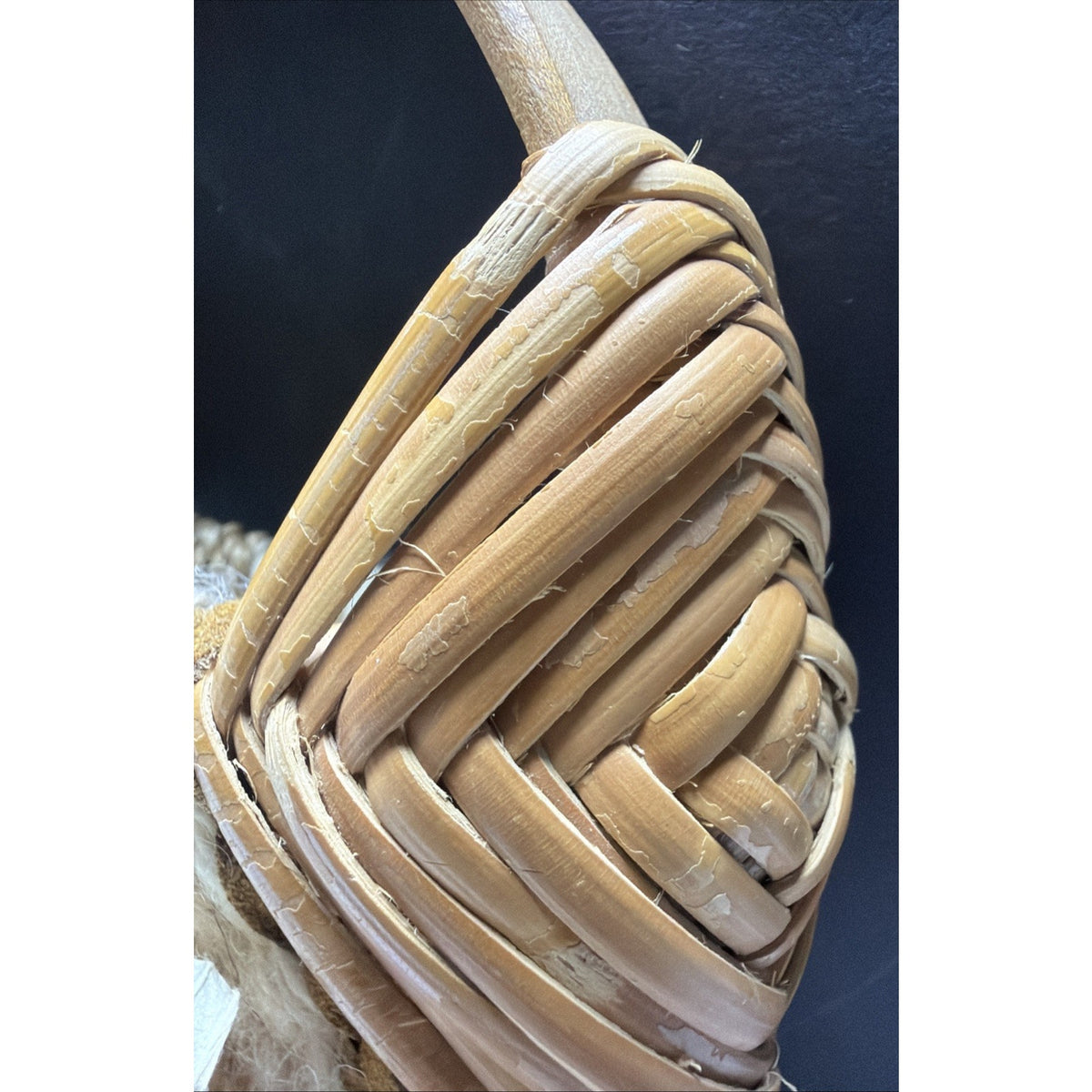 Vtg Hand Woven Basket Splint Wood Gods Eye Hanging Leather Beaded Flower As Is