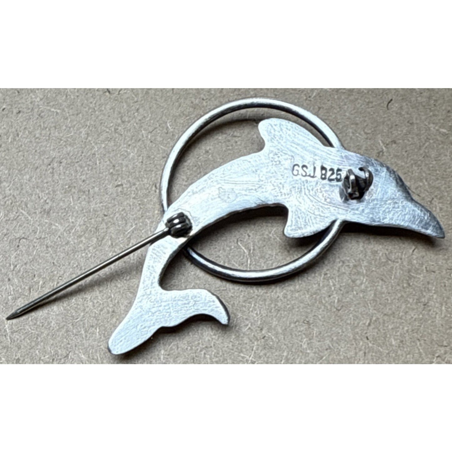 Vintage GSJ Sterling Silver 925 Dolphin Brooch Pin Hoop Trick Large As-Is