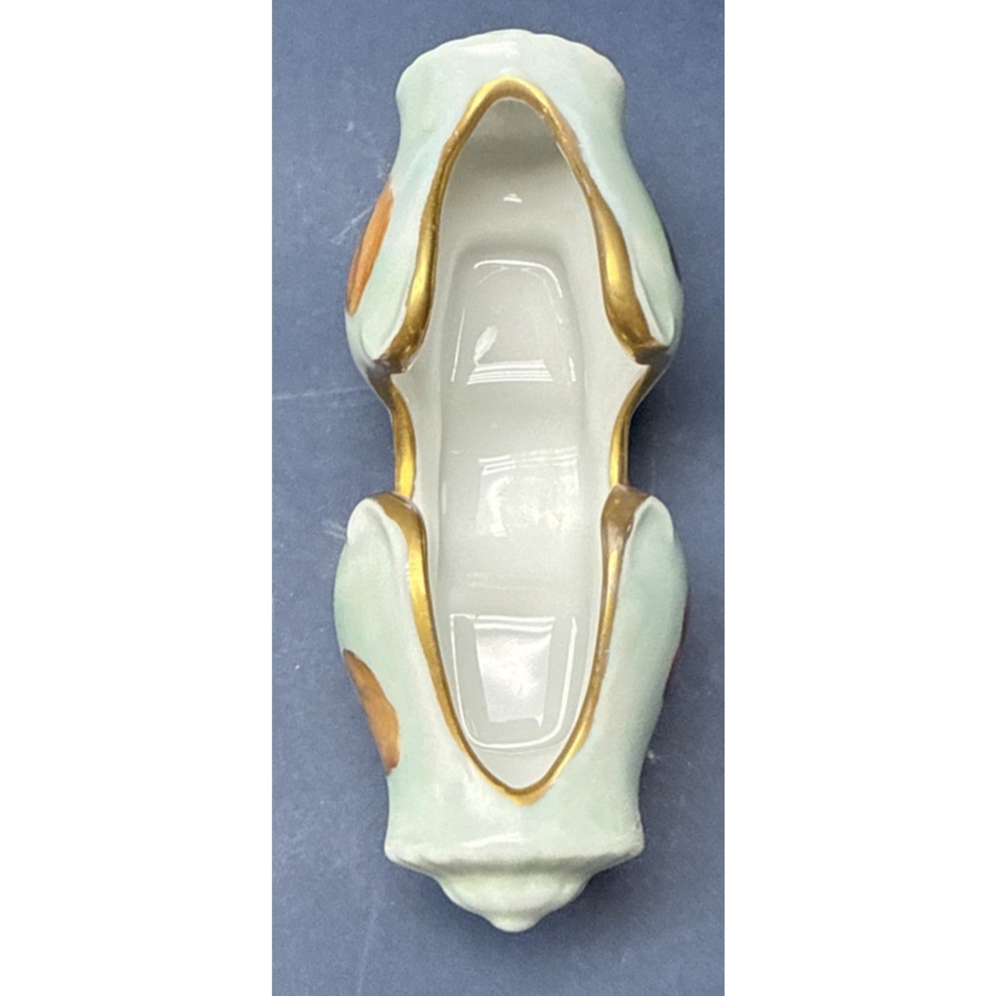 Vintage Porcelain Toothpick Holder Horizontal Hand Painted Mushrooms Gold Footed