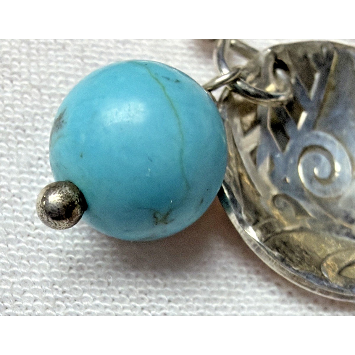 Margaret Lindquist ZAX 925 Sterling Dangle Stamped Disc Earrings Turquoise Beads