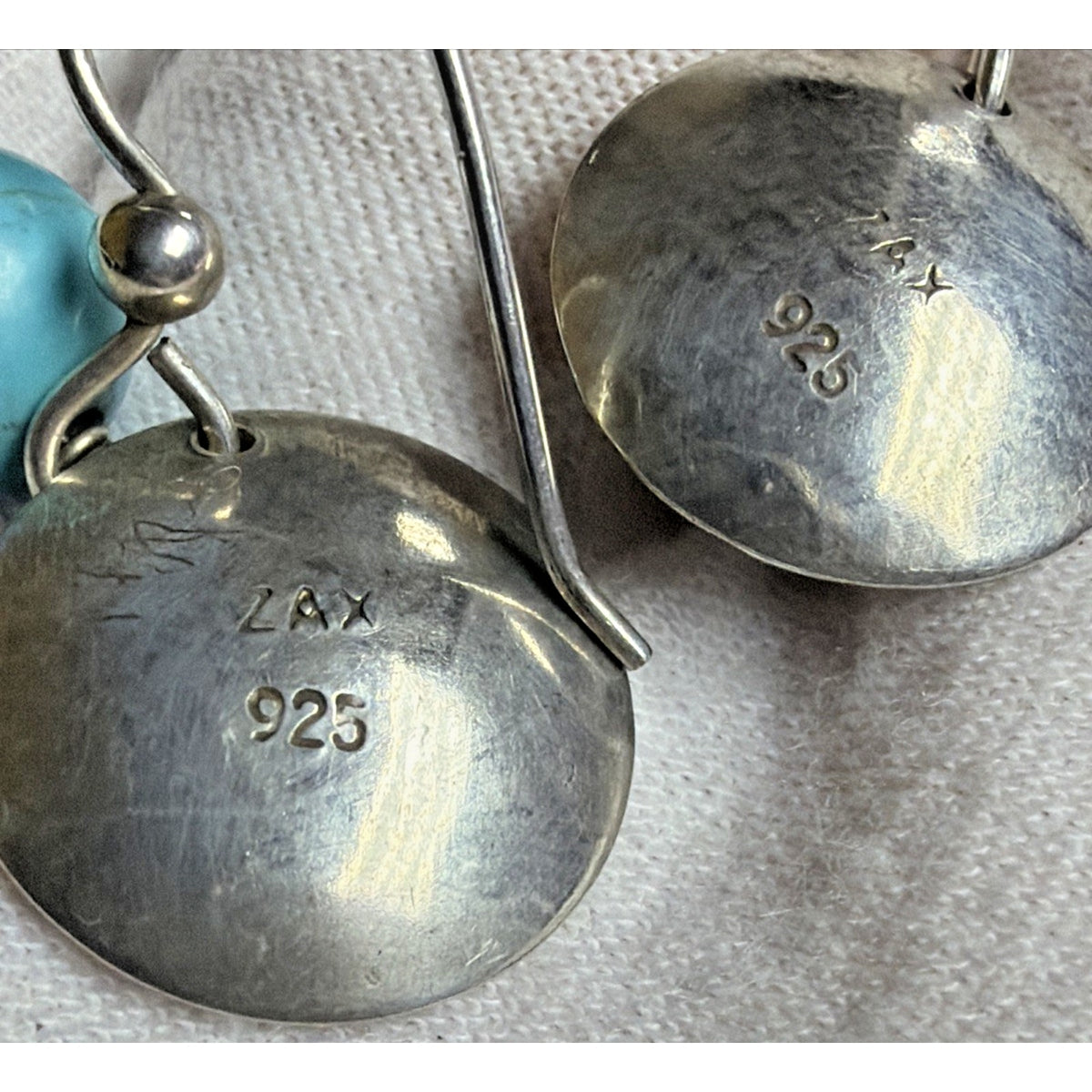 Margaret Lindquist ZAX 925 Sterling Dangle Stamped Disc Earrings Turquoise Beads