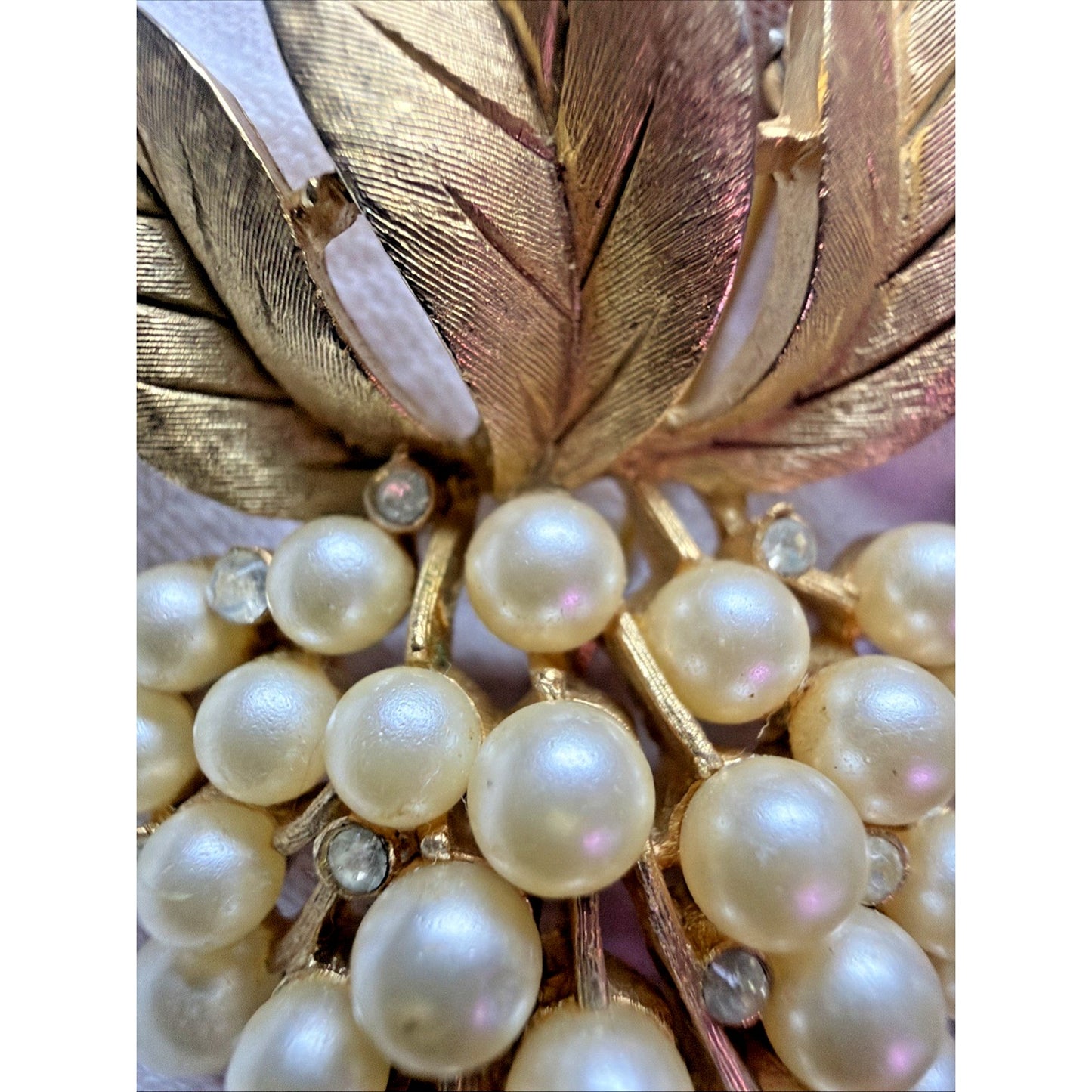 Vintage Crown Trifari Faux Pearl Rhinestone Grape Cluster Brooch Pin Gold Tone