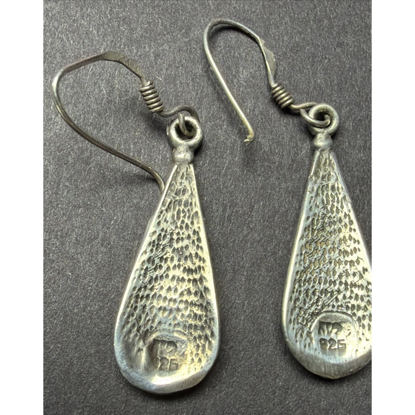 Vtg ATI Mexico Sterling Silver 925 Pierced Drop Teardrop Ornate Earrings Abalone
