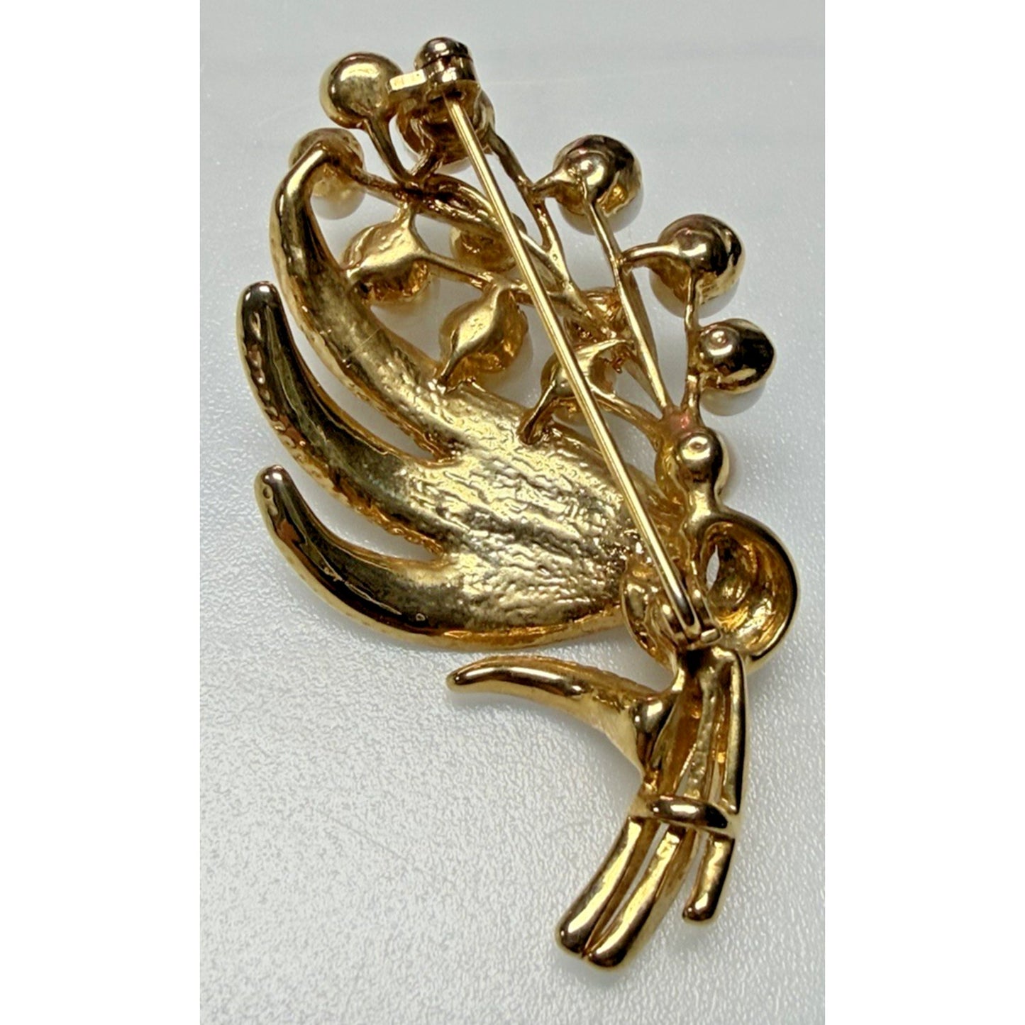 Vintage Gold Tone Faux Pearl Floral Flower Bouquet Textured Leaves Brooch Pin