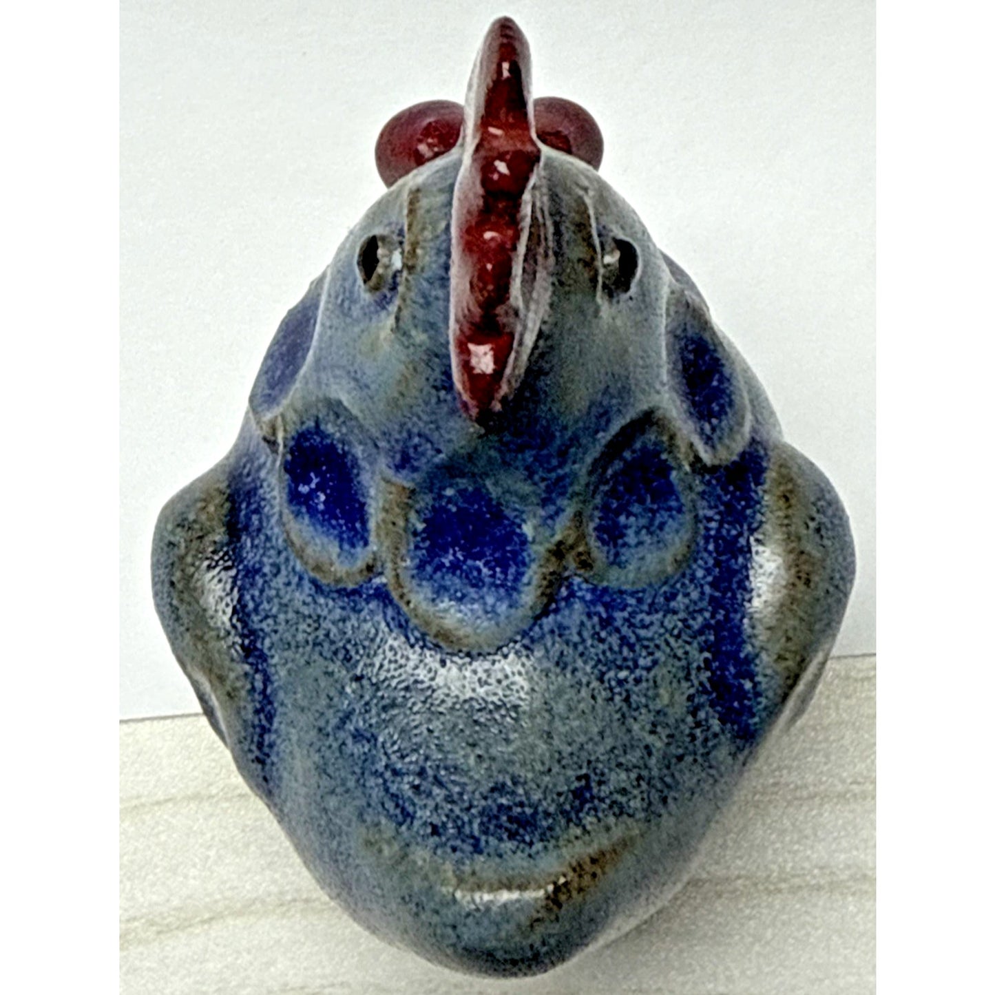 Vintage Folk Art Stoneware Hen Rooster Chicken Figurine Blue Red Glazed