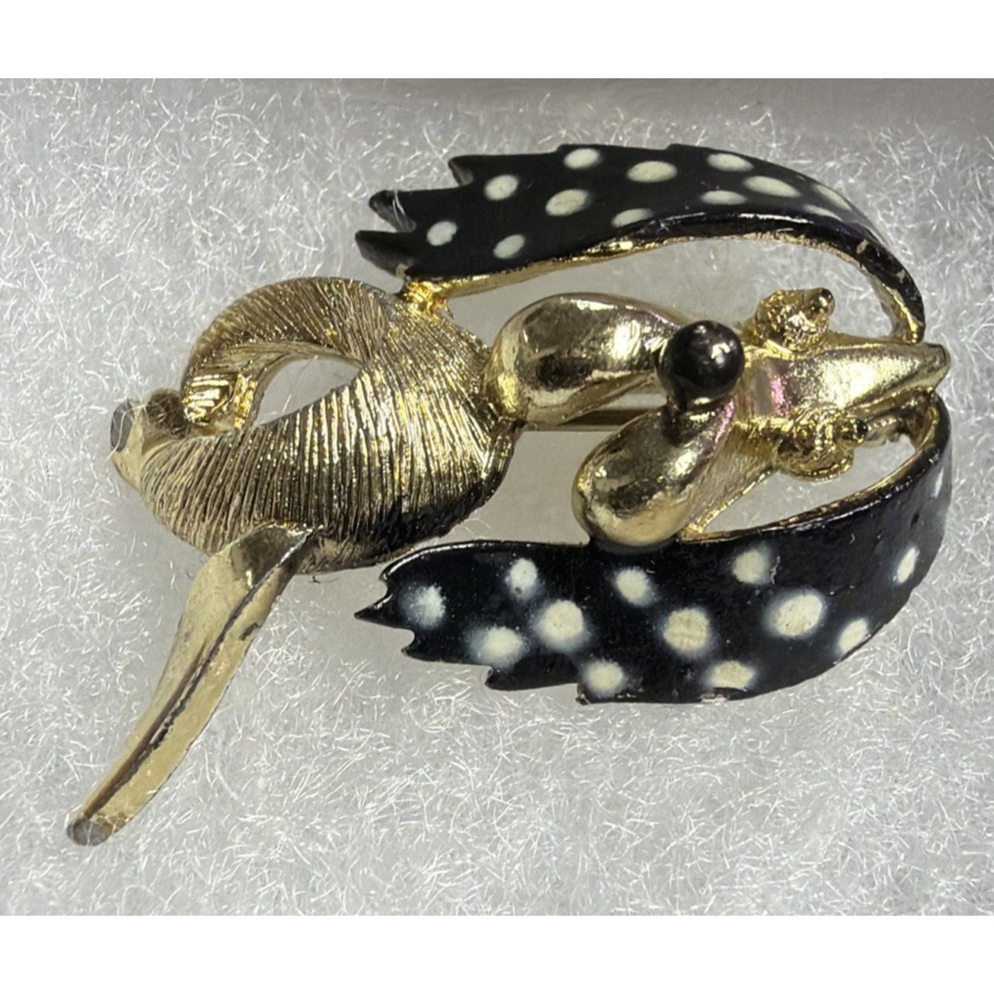 Vtg Gold Tone Metal Prancing Dancing Poodle Dog Brooch Polka Dot Painted Enamel