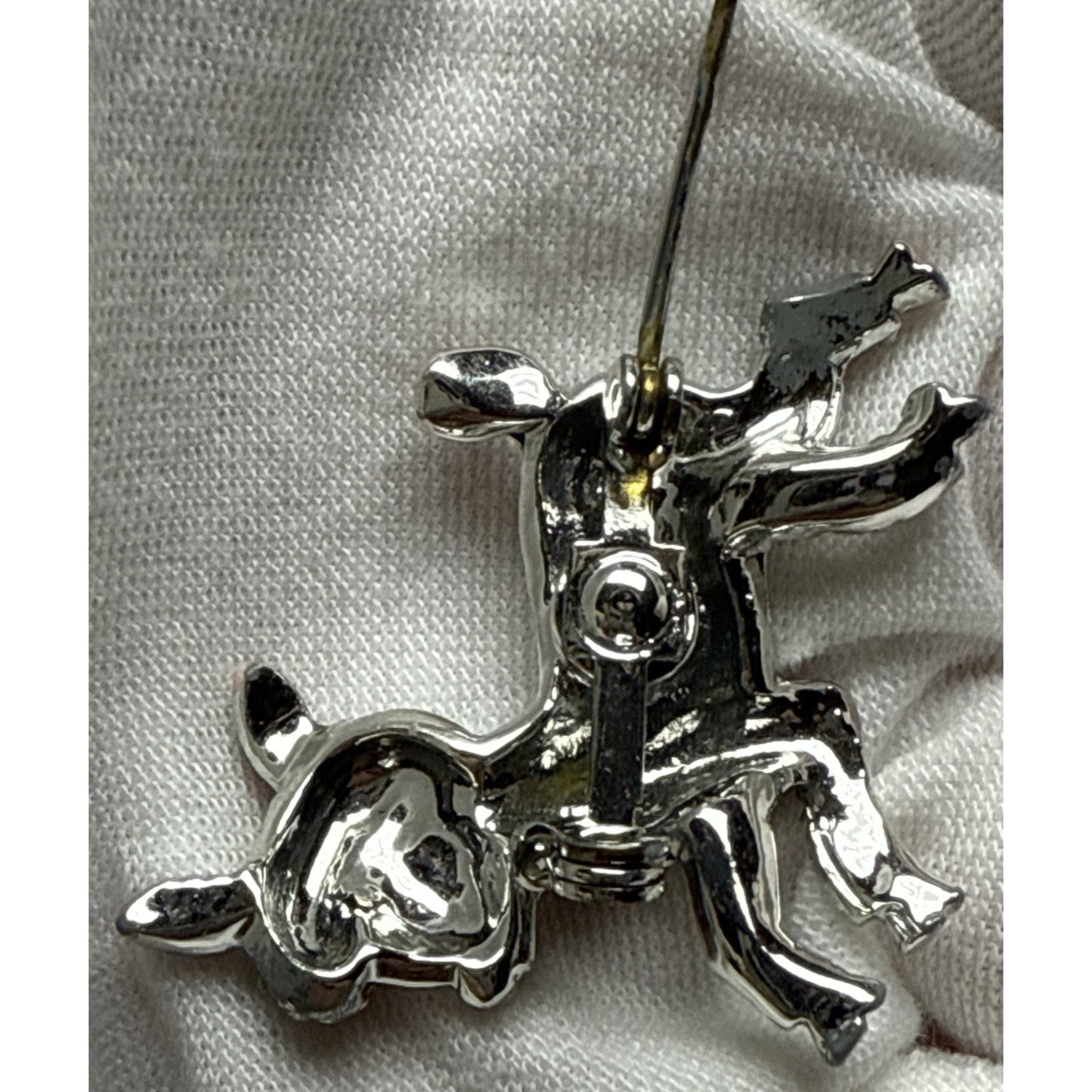 Vtg Silver Tone Little Lamb Brooch Pink Painted Feet Red Rhinestone Eyes As-Is