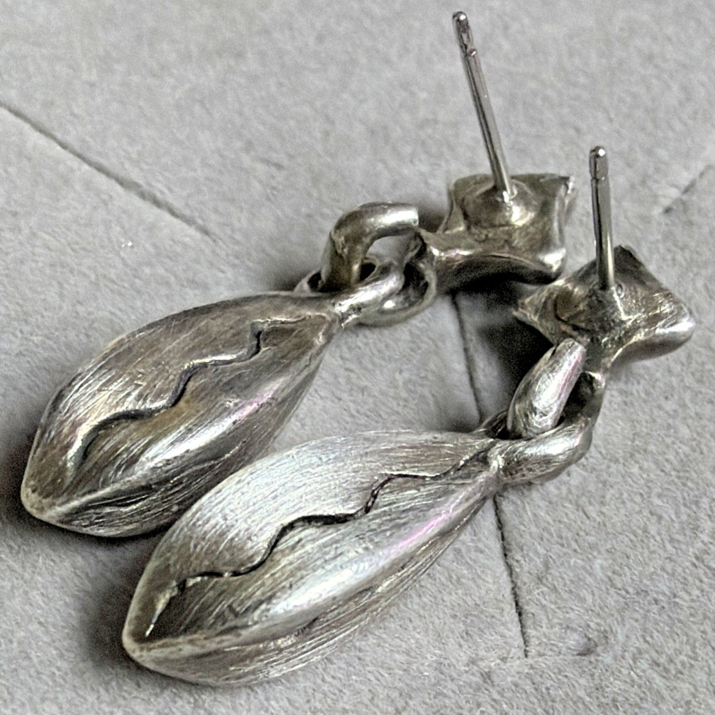 Modernist Silver Geometric Abstract Dangle Earrings Bean Fishbone Seed Pod As Is