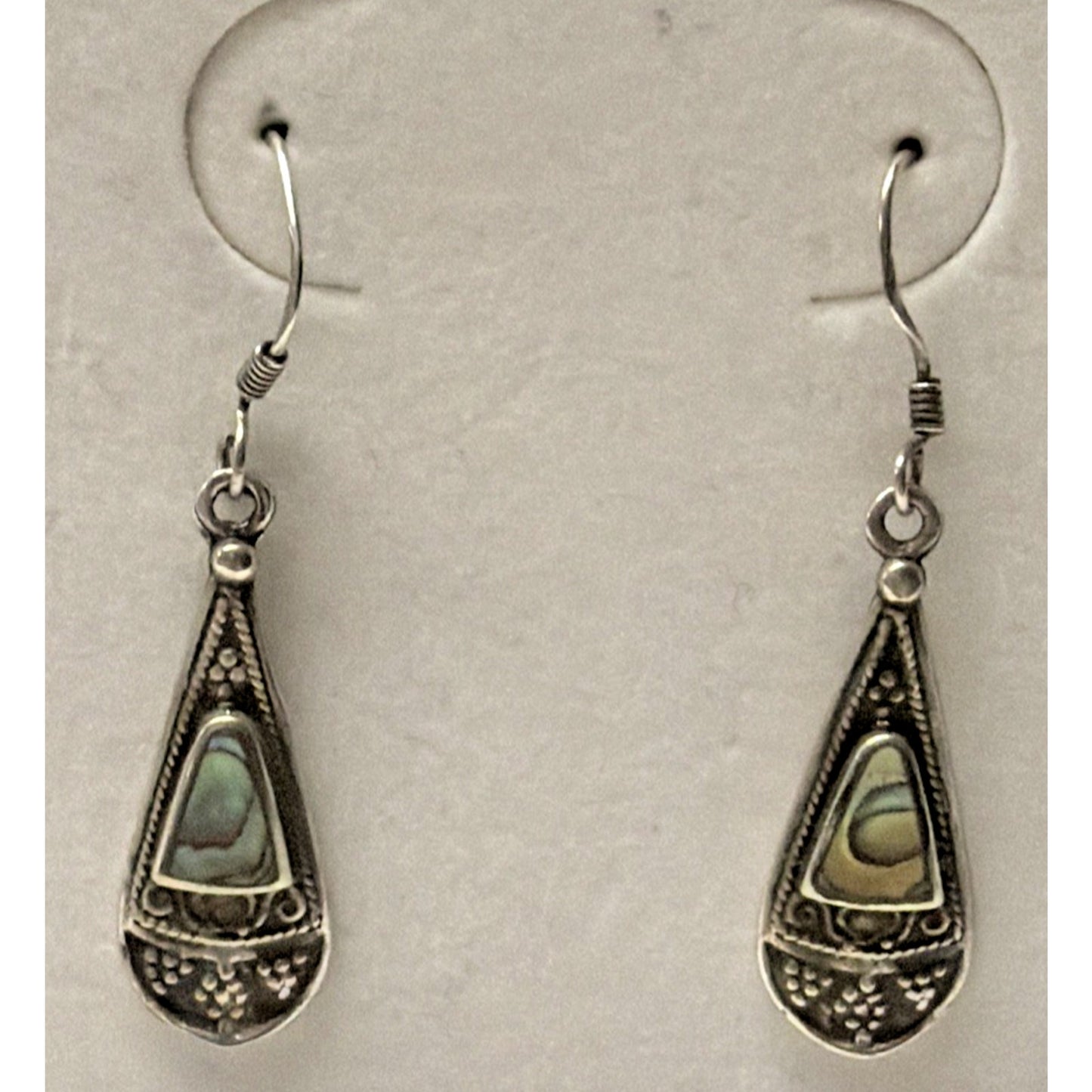 Vtg ATI Mexico Sterling Silver 925 Pierced Drop Teardrop Ornate Earrings Abalone