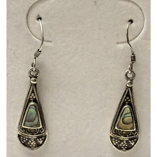 Vtg ATI Mexico Sterling Silver 925 Pierced Drop Teardrop Ornate Earrings Abalone