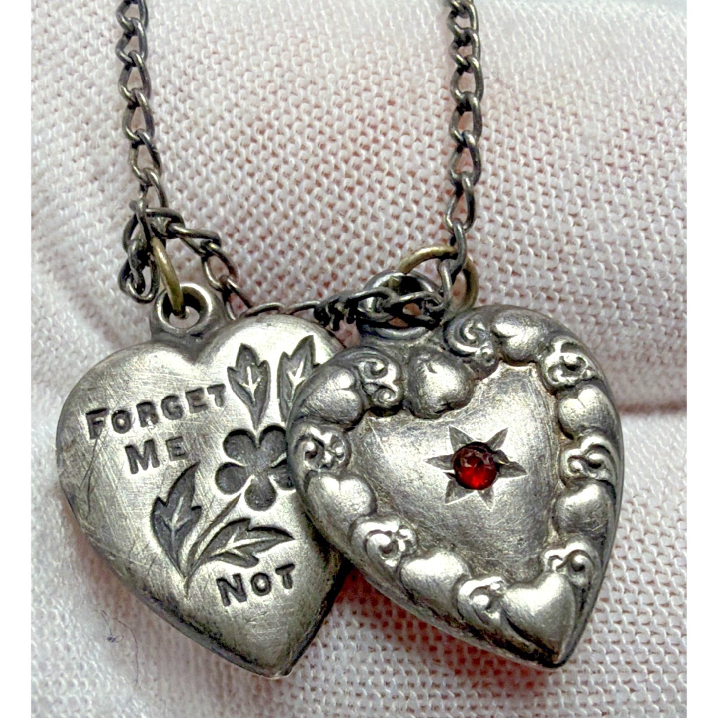 Antique Sterling Silver Puffy Heart Charms Necklace Enamel Gemstone Emboss As Is