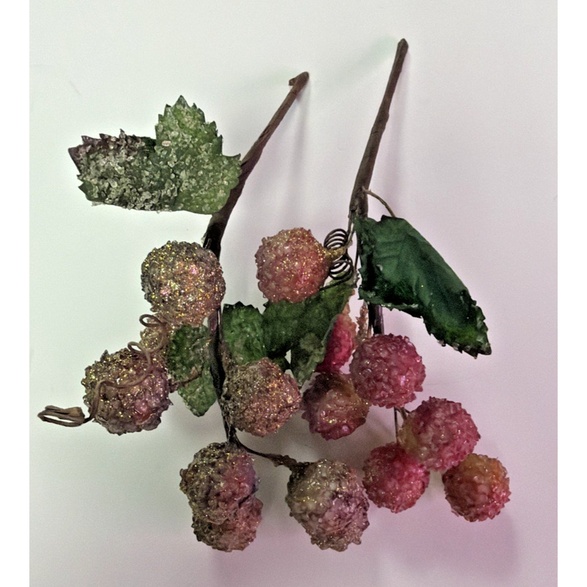Vintage Lot of 2 Beaded Fruit Berry Grape Stem Picks Sugar Coated Leaf Bouquet