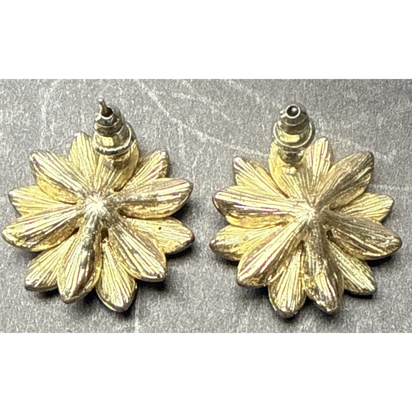 Vintage Gold Metal Flower Shaped Rhinestone Earrings Faux Diamond Wedding