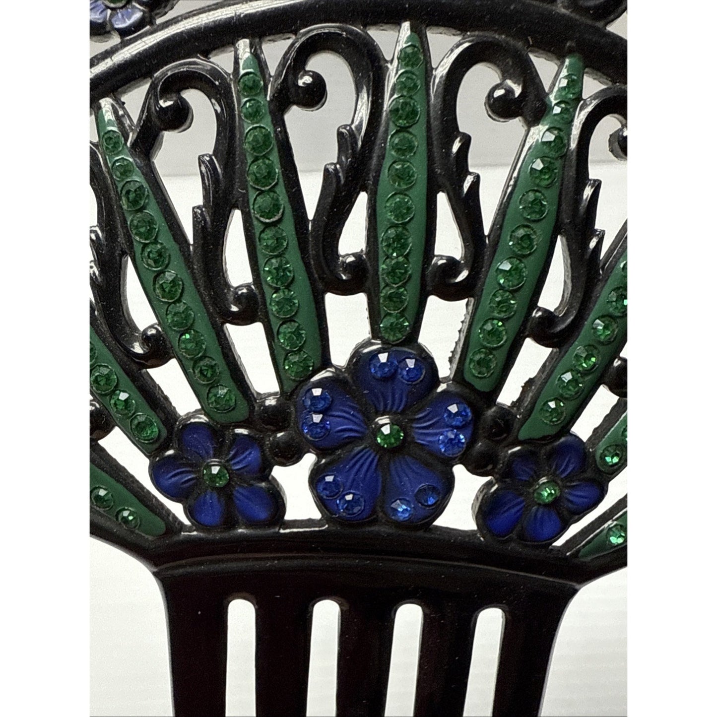 Art Deco Large Fan Shape Hair Comb Black Celluloid Rhinestone Flower Blue Green