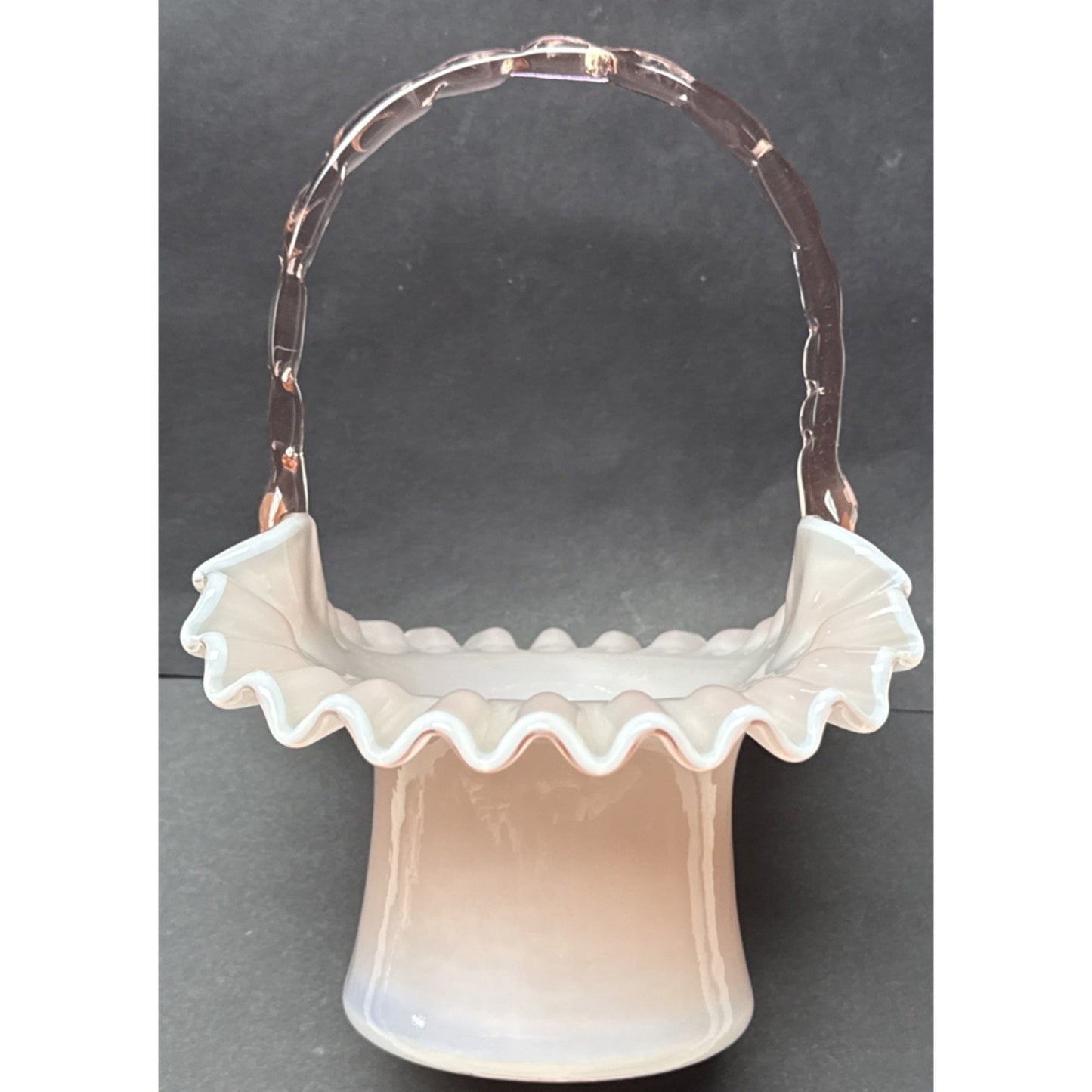 Vtg Fenton Glass Pink Overlay Basket Crimped Bamboo Handle Ruffle Edge As-Is
