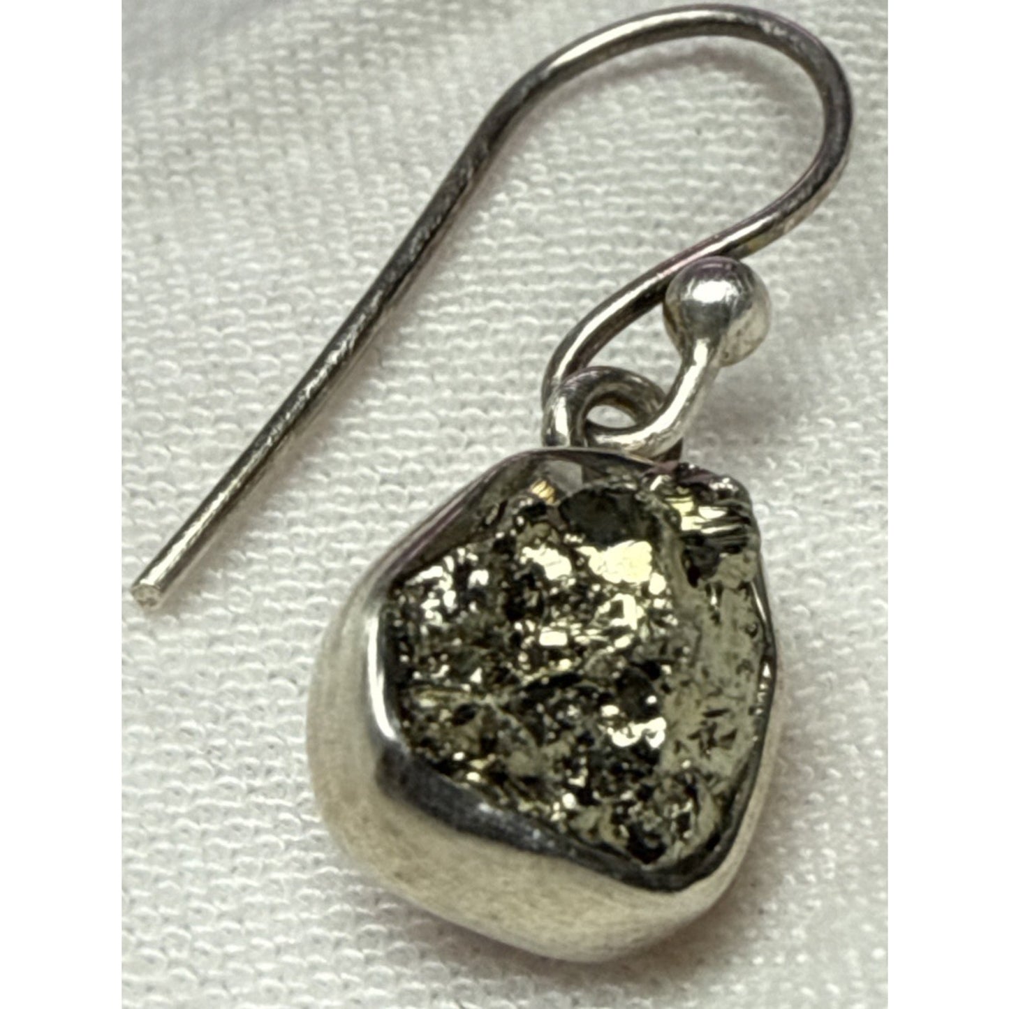 Vintage NC 925 Sterling Silver Rough Pyrite Druzy Bezel Dangle Earrings