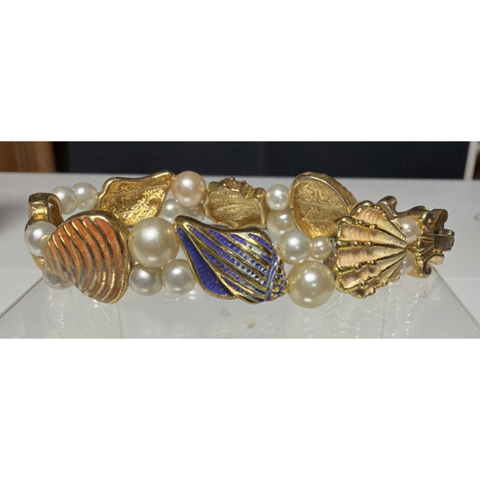 Vintage Gold Tone Enamel Seashells Faux Pearls Sea Life Station Bracelet Clasp