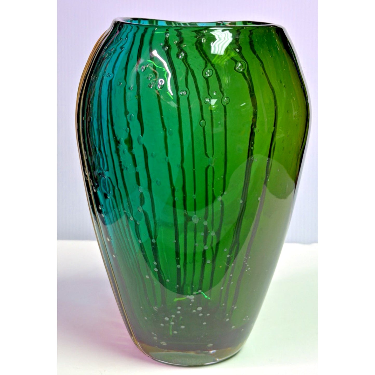 Vtg Art Glass Bubble Vase Teal Green Ombre Yellow Threaded Living Color Collect