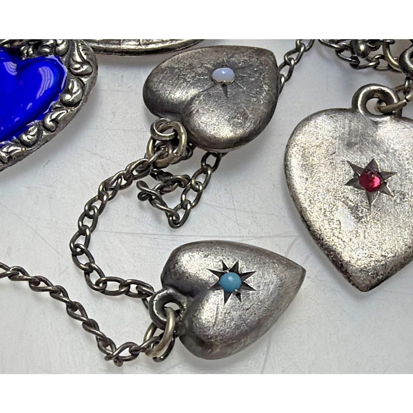 Antique Sterling Silver Puffy Heart Charms Necklace Enamel Gemstone Emboss As Is