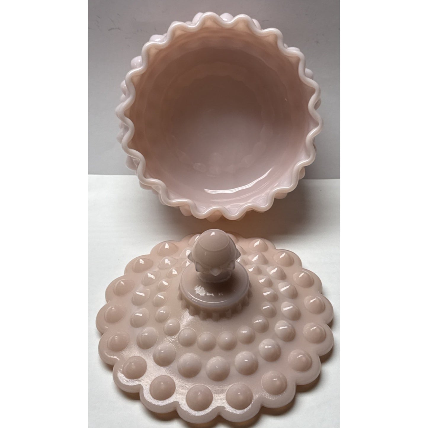 Rare Fenton Pastel Pink Rose Milk Glass Hobnail Candy Dish Powder Jar Lid As-Is